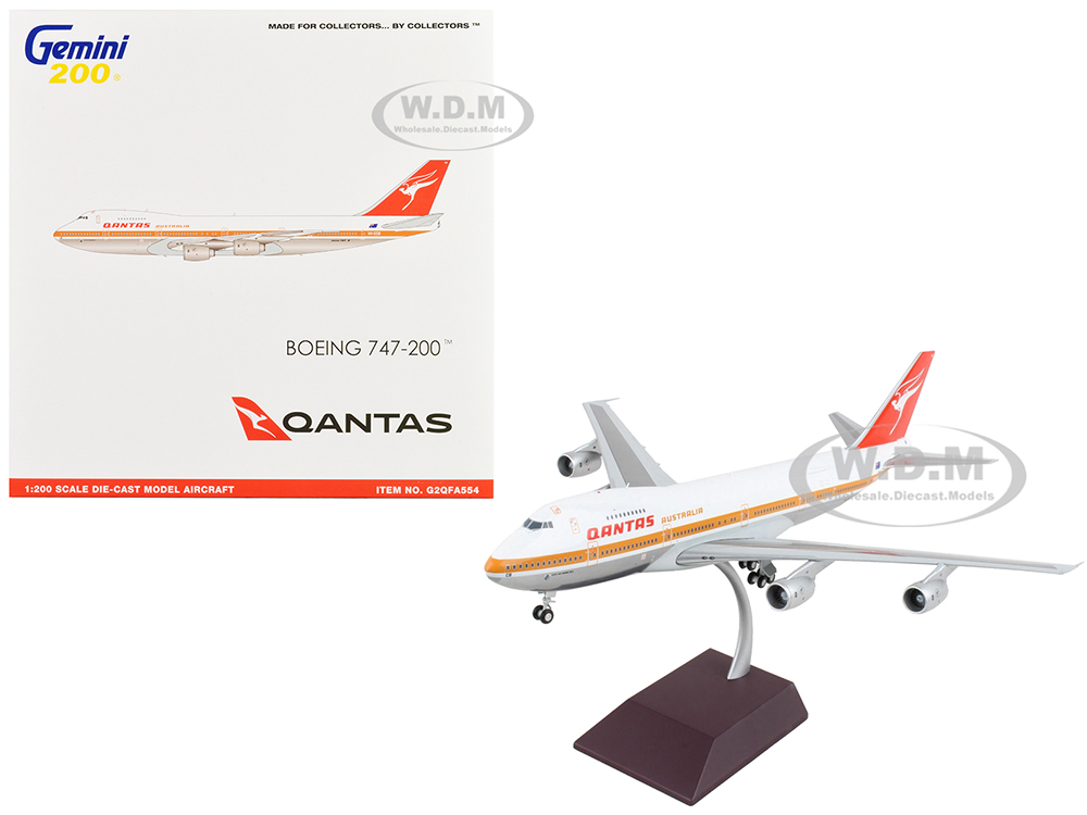 Boeing 747-200 Commercial Aircraft Qantas Airways Australia White with Orange Stripes and Red Tail Gemini 200 Series 1/200 Diecast Model Airplane by GeminiJets