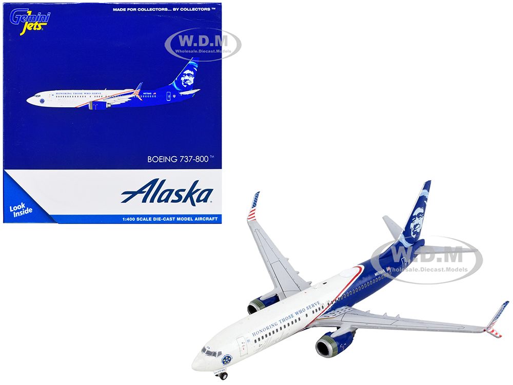 Boeing 737-800 Commercial Aircraft Alaska Airlines - Honoring Those Who Serve White and Blue 1/400 Diecast Model Airplane by GeminiJets