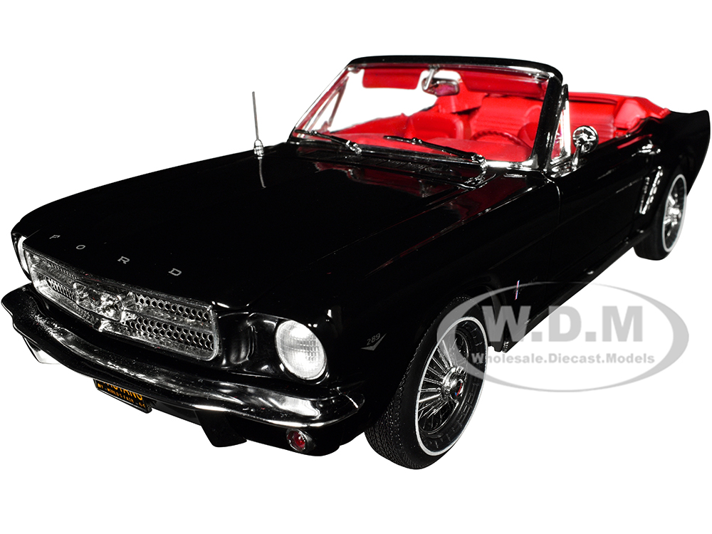 1964 1/2 Ford Mustang Convertible Raven Black with Red Interior American Muscle Series 1/18 Diecast Model Car by Auto World