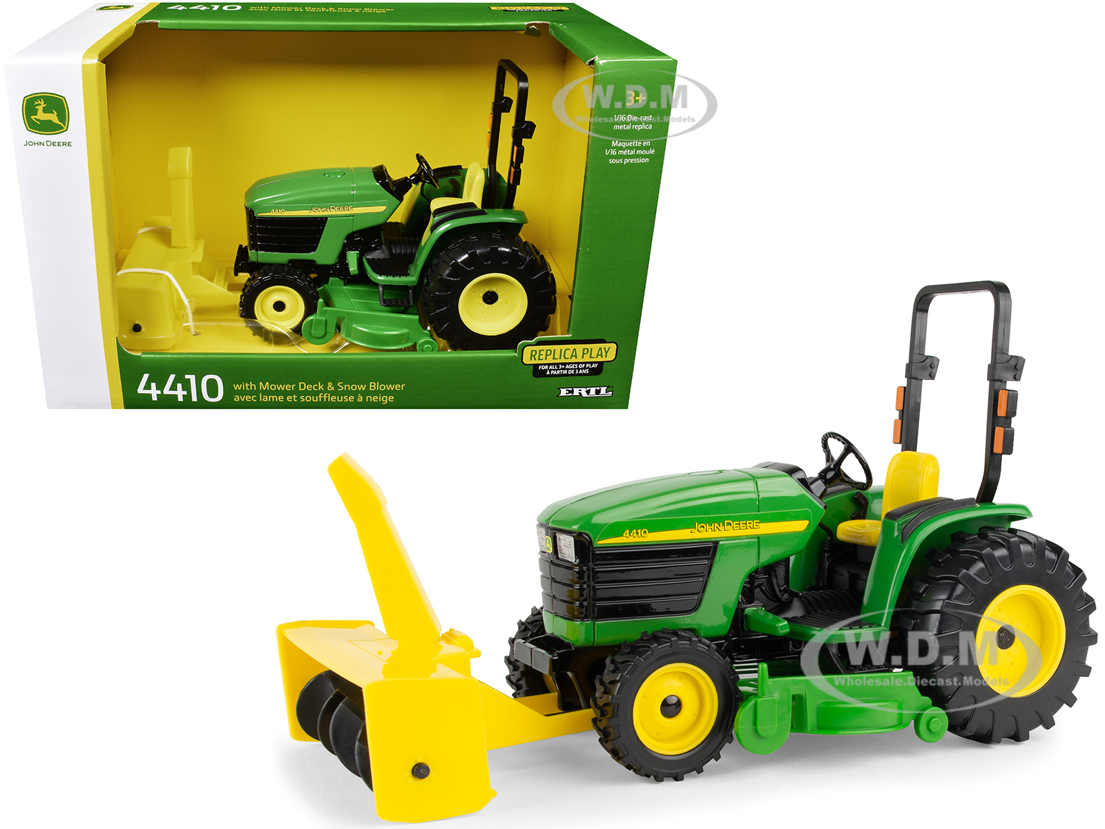 John Deere 4410 Tractor Green With Mower Deck And Snow Blower Replica Play Series 1/16 Diecast Model By ERTL TOMY