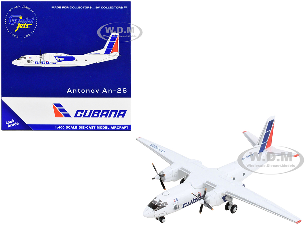 Antonov An-26 Commercial Aircraft Cubana de Aviacion White with Red and Blue Tail 1/400 Diecast Model Airplane by GeminiJets