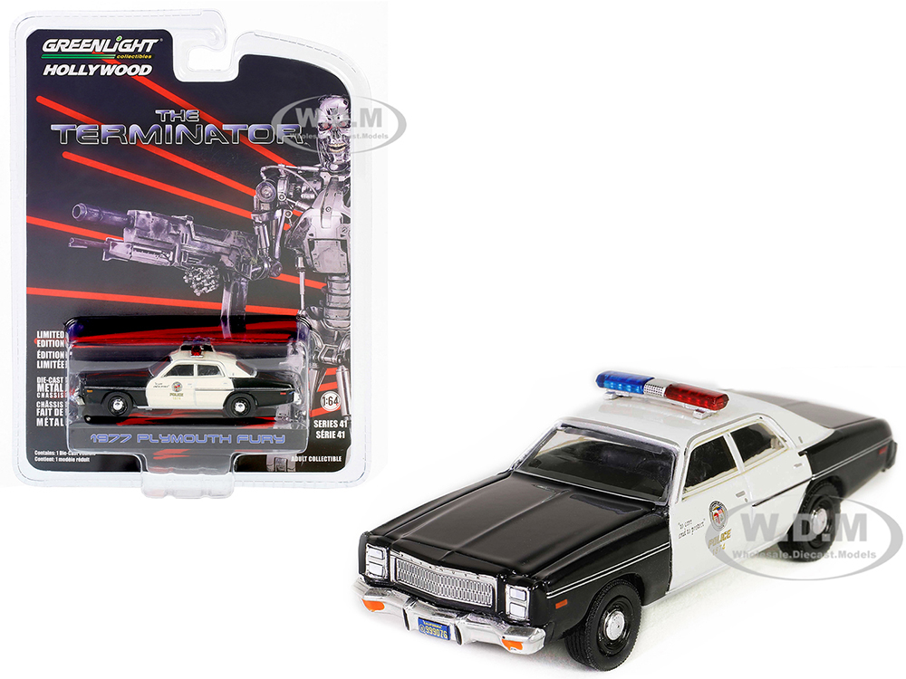 1977 Plymouth Fury Black and White Metropolitan Police The Terminator (1984) Movie Hollywood Series Release 41 1/64 Diecast Model Car by Greenlight