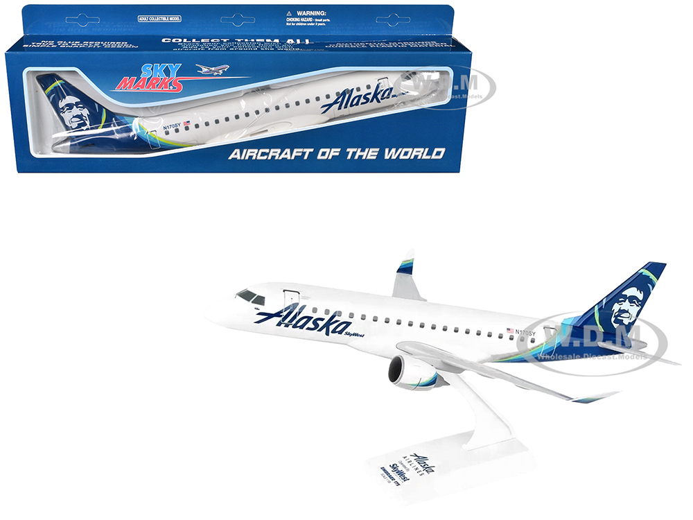 Embraer E175 Commercial Aircraft Alaska Airlines - SkyWest Airlines (N170SY) White with Blue Tail (Snap-Fit) 1/100 Plastic Model by Skymarks