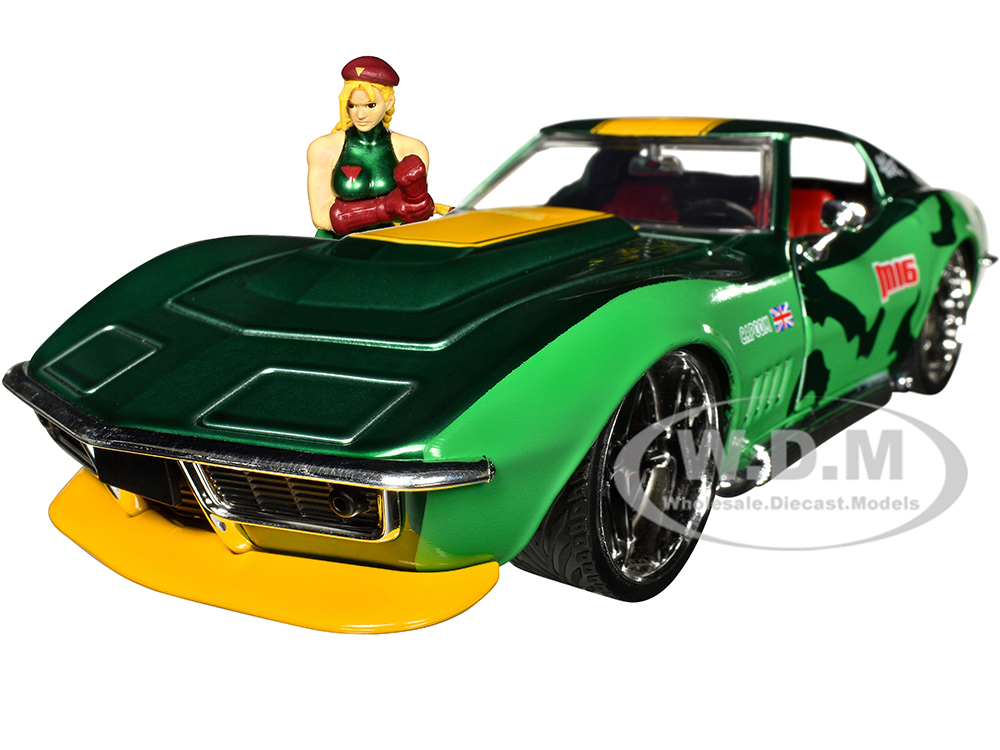 1969 Chevrolet Corvette Stingray ZL1 Green Metallic with Yellow Stripes and Cammy Diecast Figure Street Fighter Video Game Anime Hollywood Rides Series 1/24 Diecast Model Car by Jada