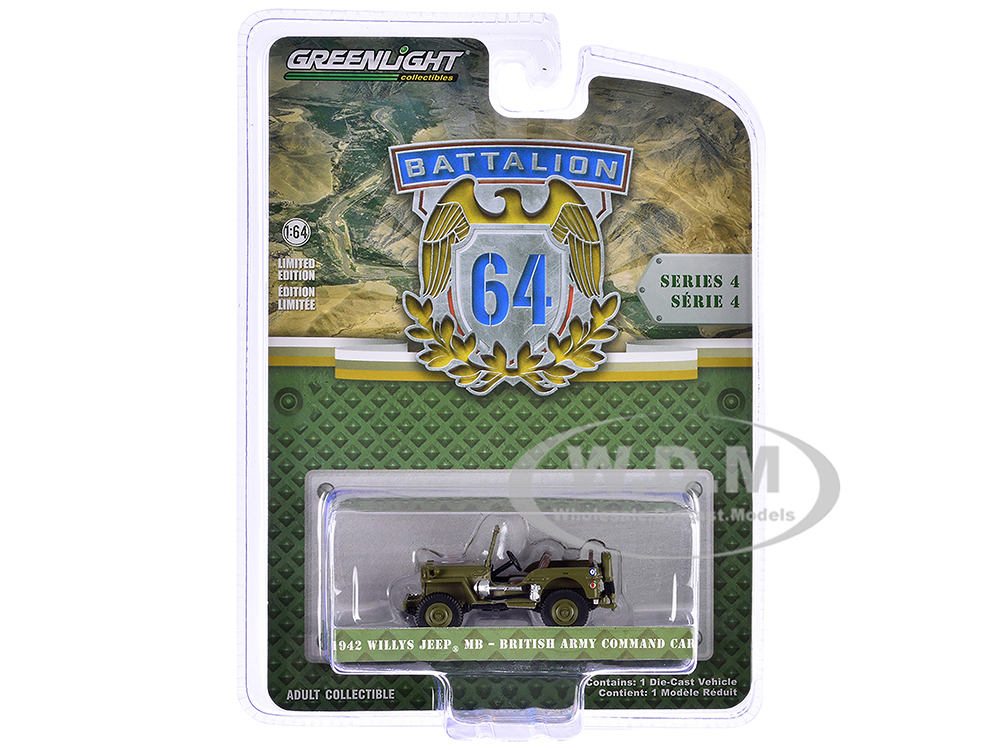 1942 Willys Jeep MB British Army Command Car Light Green Battalion 64 Series 4 1/64 Diecast Model Car by Greenlight