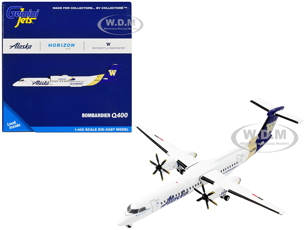 Bombardier Q400 Commercial Aircraft "Alaska Airlines - University of Washington Huskies" White with Purple and Gold Tail 1/400 Diecast Model Airplane