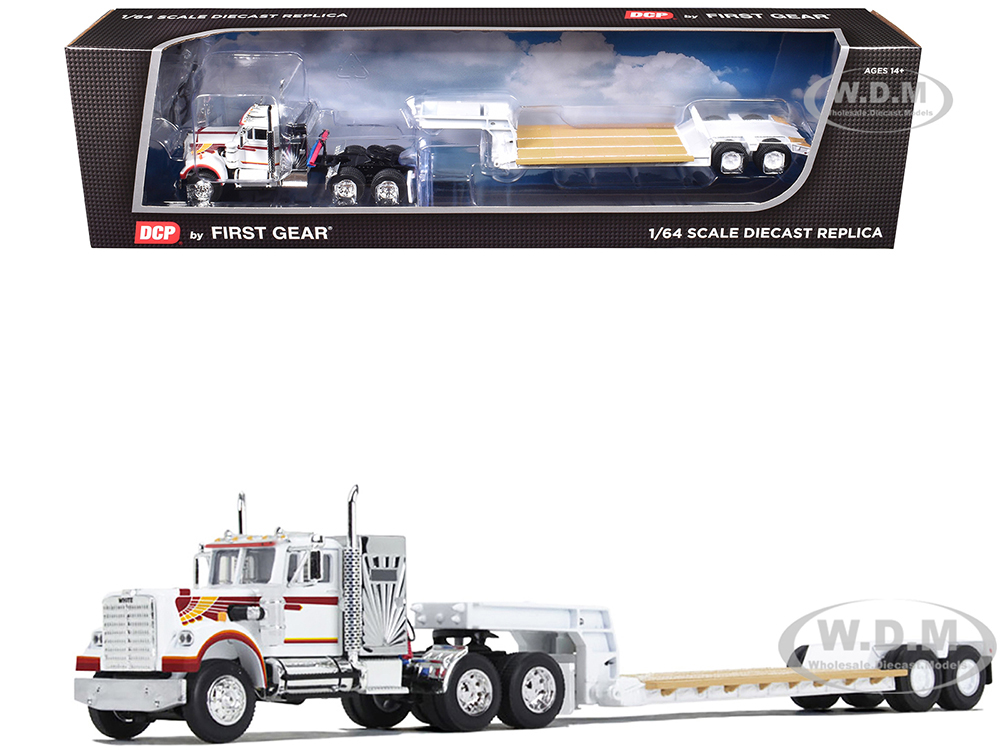 Western Star 4900 with 36 Vintage Flat Top Sleeper and Rogers Vintage Lowboy Trailer White with Graphics 1/64 Diecast Model by DCP/First Gear