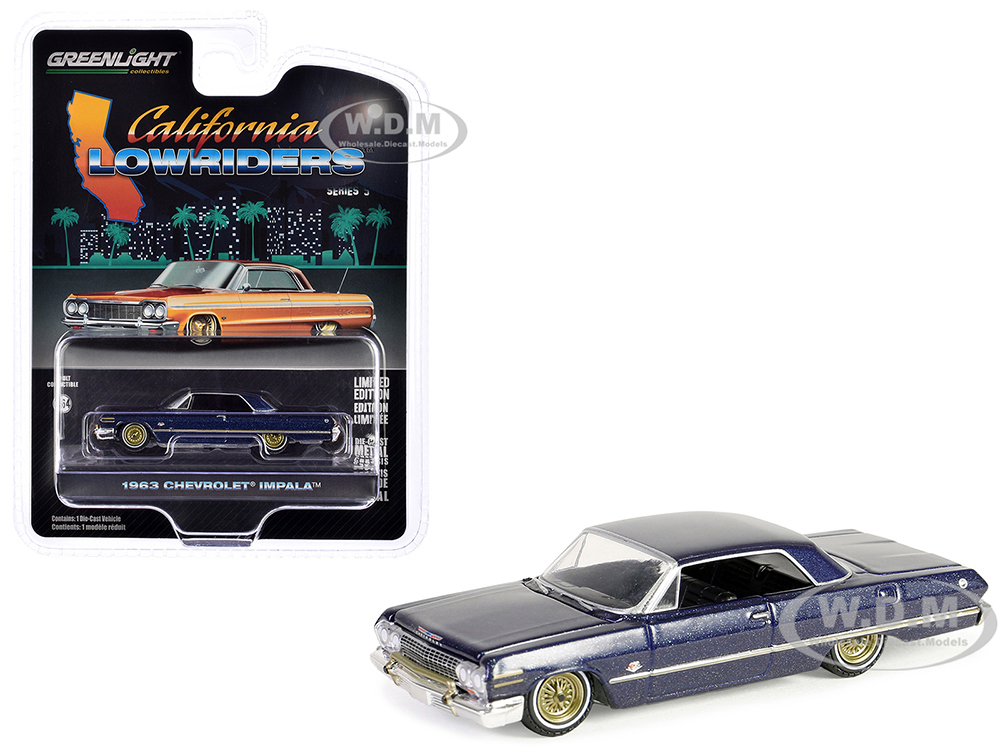 1963 Chevrolet Impala Lowrider Dark Blue Metallic with Gold Wheels California Lowriders Series 5 1/64 Diecast Model Car by Greenlight