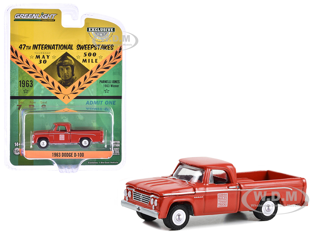 1963 Dodge D-100 Pickup Truck 47th International 500 Mile Sweepstakes - Indianapolis 500 Official Truck Red Hobby Exclusive Series 1/64 Diecast Model Car by Greenlight