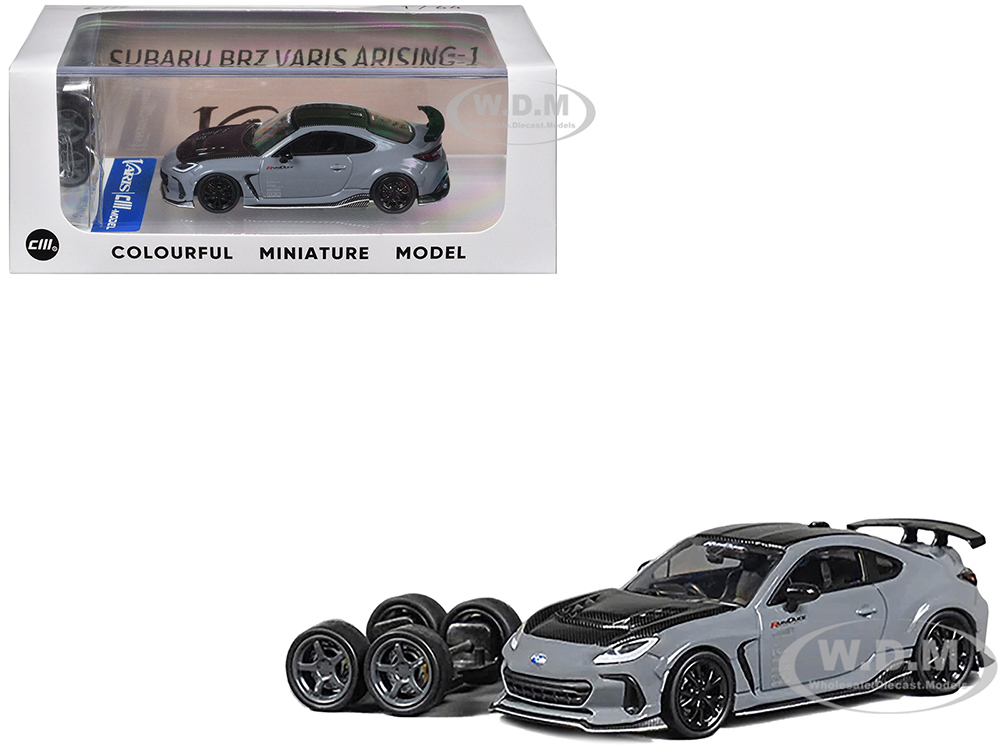 Subaru BRZ Varis Arising-1 RHD (Right Hand Drive) Gray with Carbon Hood and Top with Extra Wheels 1/64 Diecast Model Car by CM Models