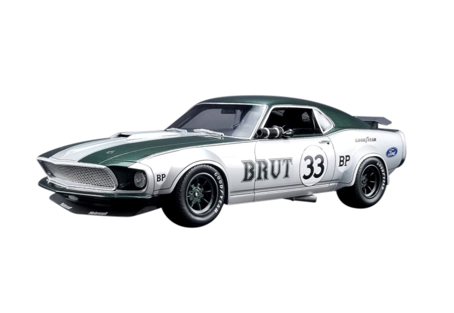 1969 Ford Mustang Boss 302 Trans Am 33 Brut Allan Moffat Silver With Green Stripes 1/18 Model Car By Real Art Replicas