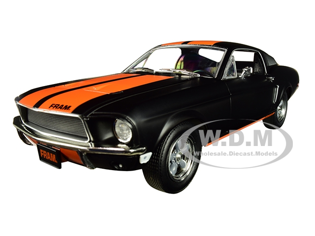 1968 Ford Mustang Gt Fastback "fram Oil Filters" Black With Orange Stripes 1/24 Diecast Model Car By Greenlight