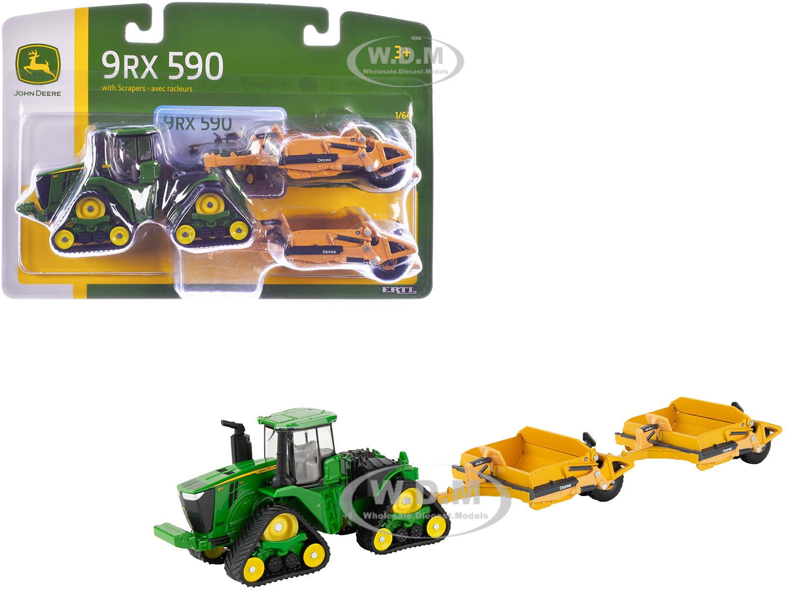 John Deere 9RX 590 Tractor Green with Two 1812D C Scrapers Yellow 1/64 Diecast Model by ERTL TOMY