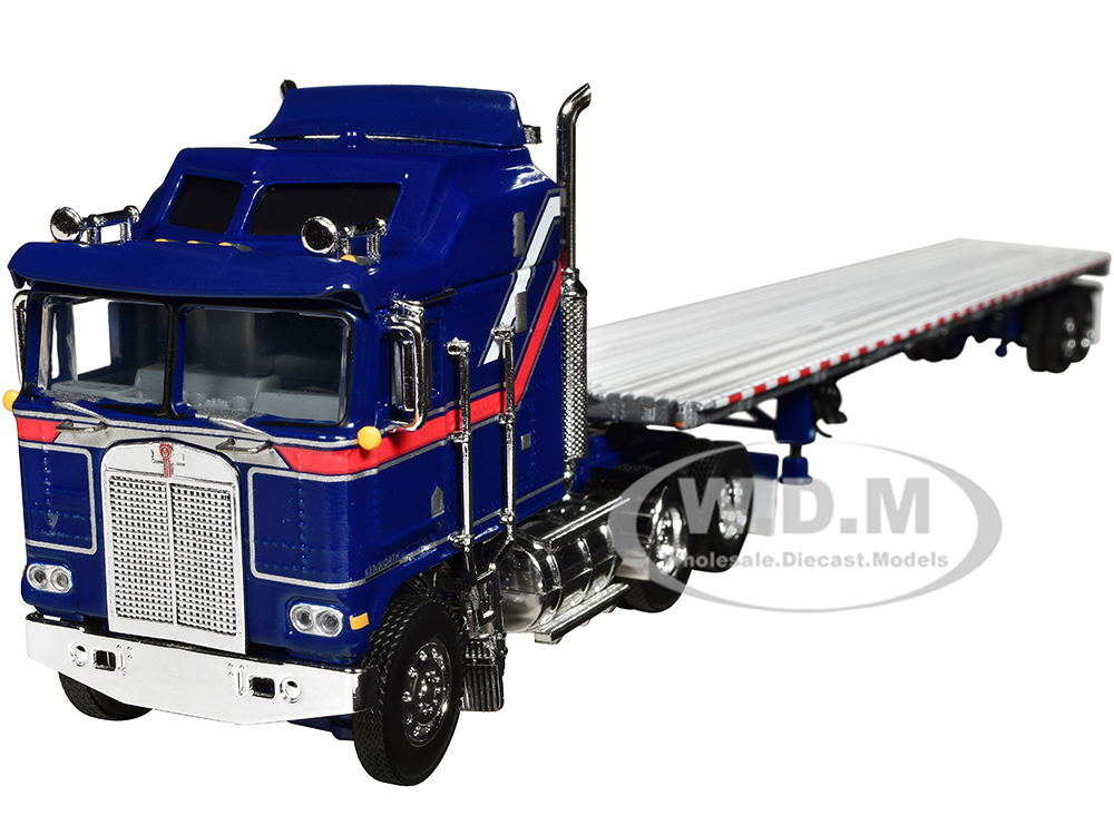 Kenworth K100 COE with Aerodyne Sleeper and 53 Wilson Roadbrute Flatbed Trailer Blue with Red Stripes Liberty 1/64 Diecast Model by DCP/First Gear