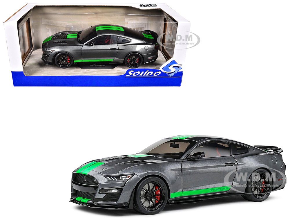 2020 Ford Shelby Mustang GT500 Carbonized Gray Metallic with Neon Green Stripes 1/18 Diecast Model Car by Solido