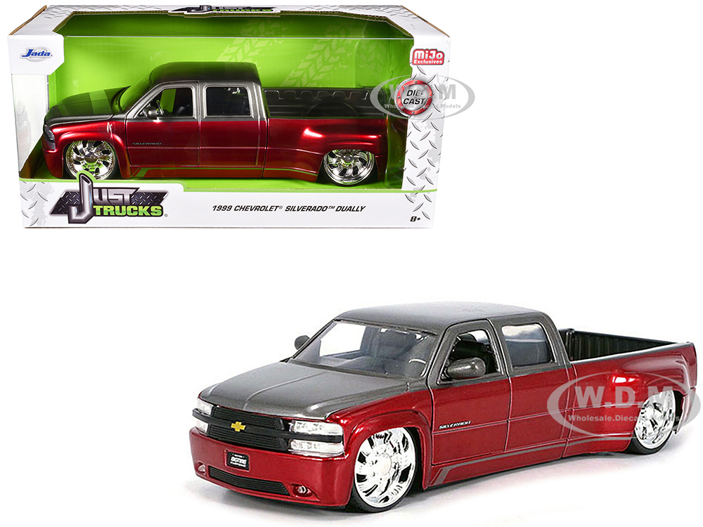 1999 Chevrolet Silverado Dually Pickup Truck Red Metallic and Gray with Custom KMC Wheels Just Trucks Series 1/24 Diecast Model Car by Jada