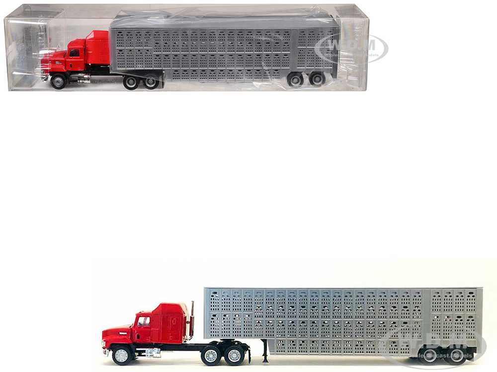 Mack CH 613 with Sleeper Cab Red with Silver Livestock Trailer 1/87 (HO) Plastic Model Car by Promotex