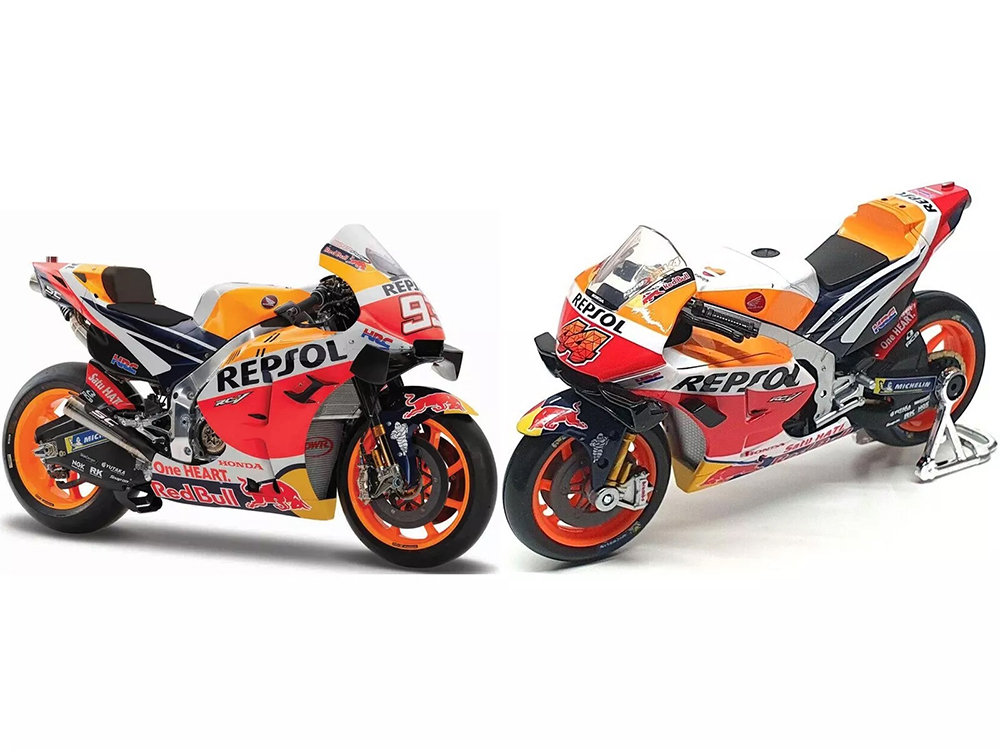 Honda RC213V #44 Pol Espargaro and #93 Marc Marquez Repsol Honda Team MotoGP World Championship (2021) Set of 2 Motorcycles 1/18 Diecast Models by Maisto