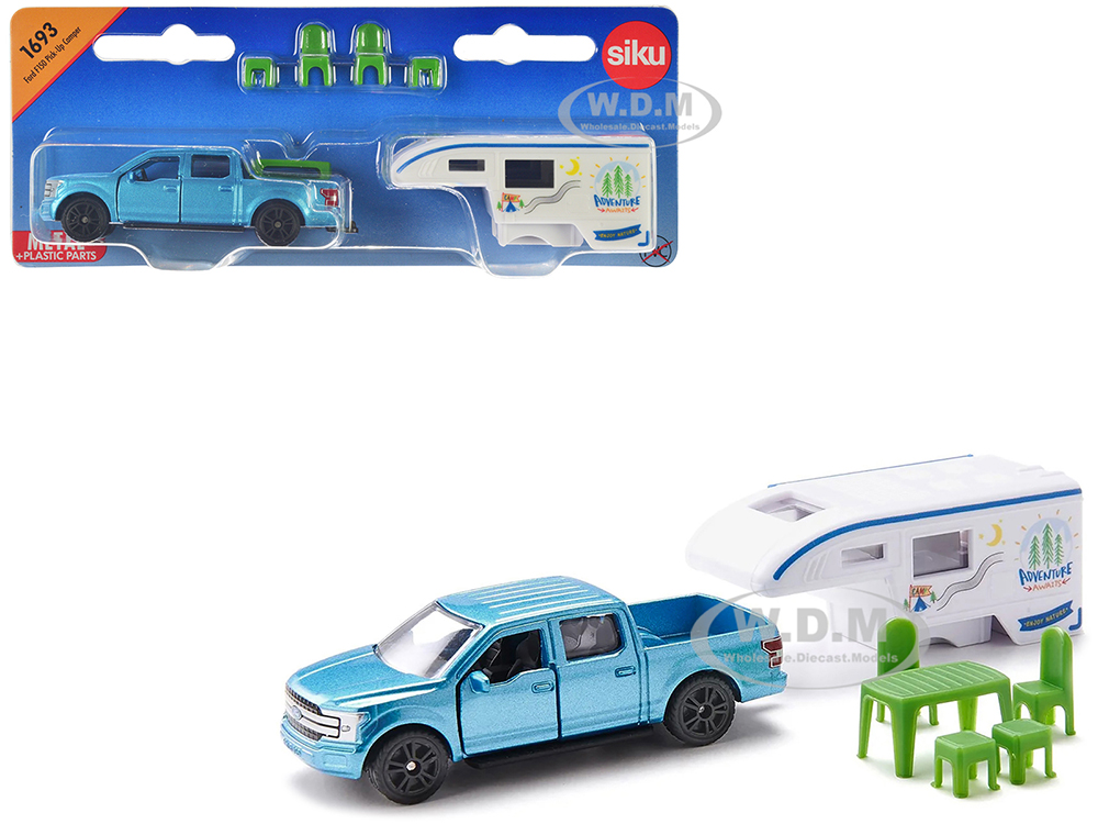 Ford F-150 Pickup Truck Blue Metallic Camper Set with Accessories Diecast Model by Siku