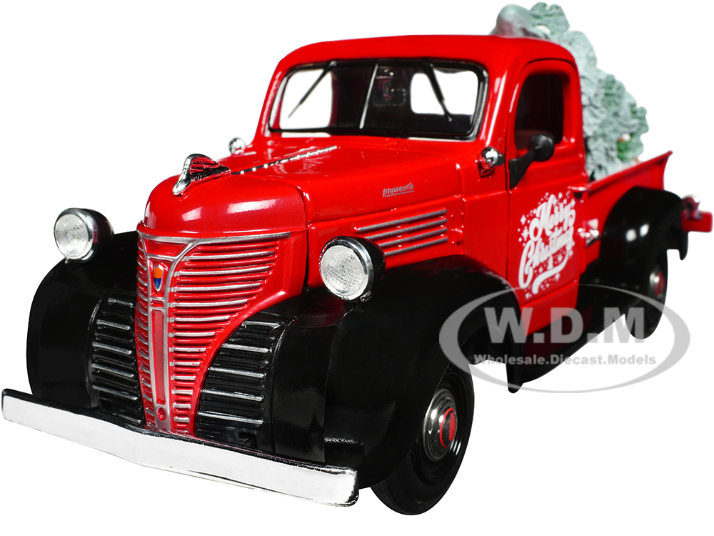 1941 Plymouth Pickup Truck Red and Black Merry Christmas with Tree Accessory 1/24 Diecast Model Car by Motormax