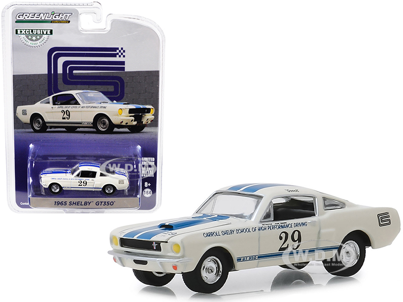 1965 Shelby Gt350 29 White With Blue Stripes "carroll Shelby School Of High Performance Driving" "hobby Exclusive" 1/64 Diecast Model Car By Greenlig