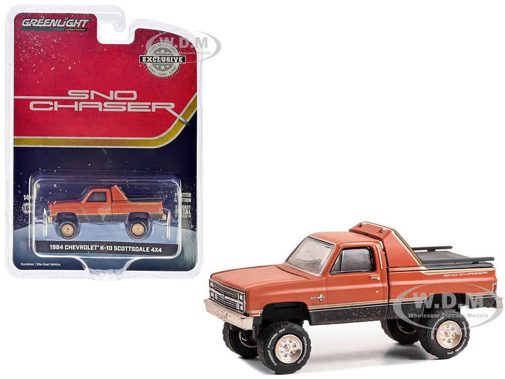 1984 Chevrolet K-10 Scottsdale 4x4 Pickup Truck Red and Black with Gold Stripes (Weathered) Sno Chaser Hobby Exclusive Series 1/64 Diecast Model Car by Greenlight