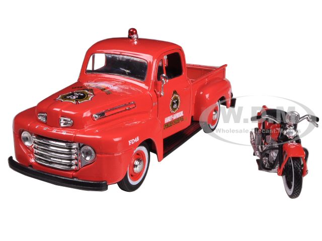 1948 Ford F-1 Pickup Truck Harley Davidson Fire With 1936 El Knucklehead Harley Davidson Motorcycle 1/24 Diecast Model By Maisto