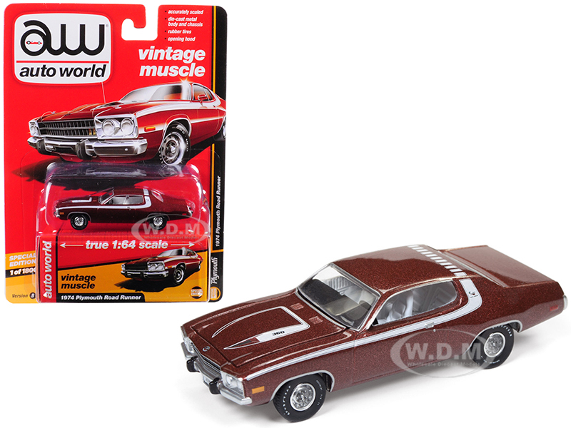 1974 Plymouth Road Runner Burnished Red Poly With White Stripes "auto Worlds Premium" Limited Edition To 1800 Pieces Worldwide 1/64 Diecast Model Car