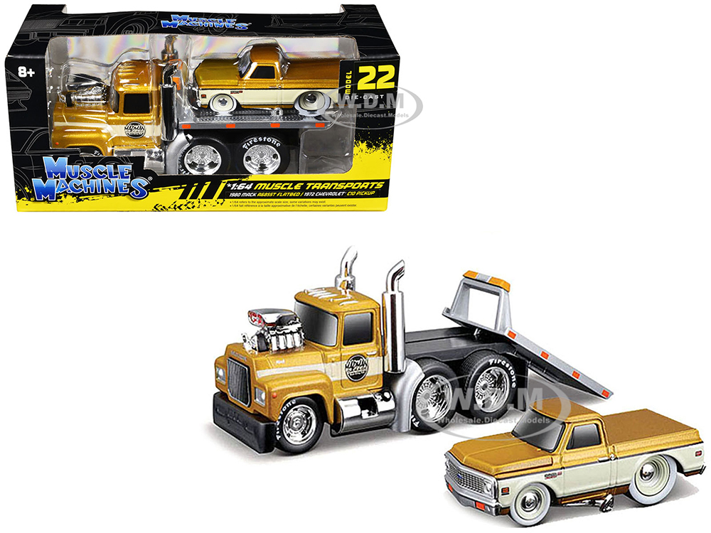 1980 Mack A685ST Flatbed Truck Gold Metallic with Beige Stripes Madman Garage and 1972 Chevrolet C10 Pickup Truck Gold Metallic and Beige Muscle Transports Series 1/64 Diecast Models by Muscle Machines