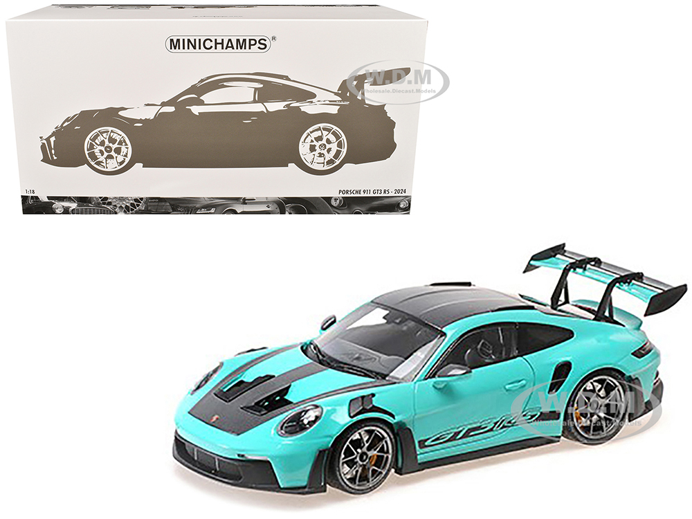 2024 Porsche 911 GT3 RS Green with Carbon Top and Hood Stripes Limited Edition to 400 pieces Worldwide 1/18 Diecast Model Car by Minichamps