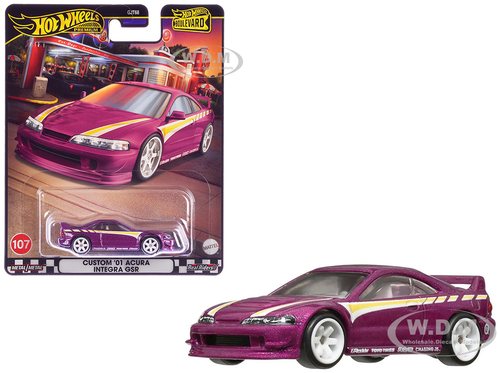 2001 Acura Integra GSR Custom Purple Metallic with Graphics and White Interior Boulevard Series Diecast Model Car by Hot Wheels