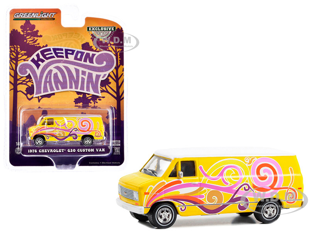 1976 Chevrolet G20 Custom Van Yellow with Graphics Keep On Vannin Hobby Exclusive Series 1/64 Diecast Model Car by Greenlight