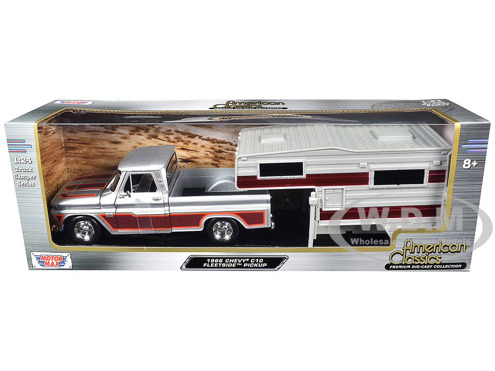 1966 Chevrolet C10 Fleetside Pickup Truck Silver Metallic with Brown Sides with Camper Shell American Classics Series 1/24 Diecast Model Car by Motormax