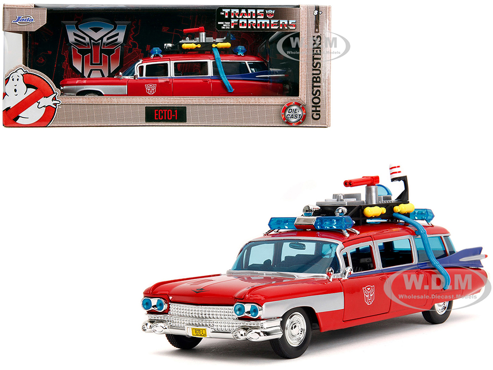 1959 Cadillac Ambulance Ecto-1 Red Transformers TV Series - Ghostbusters (1984) Movie Crossover Hollywood Rides Series 1/24 Diecast Model Car by Jada