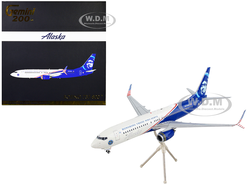 Boeing 737-800 Commercial Aircraft "Alaska Airlines - Honoring Those Who Serve" White and Blue "Gemini 200" Series 1/200 Diecast Model Airplane by Ge