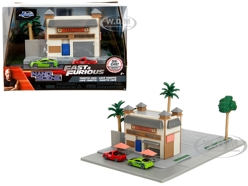 Toretto Cafe Diorama with Mitsubishi Eclipse Green and Ford F-150 SVT Lightning Red Fast and Furious Nano Scene Series Model by Jada