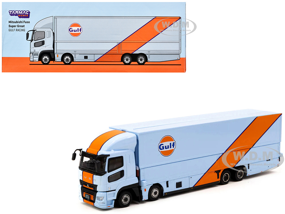 Mitsubishi Fuso Truck with Transporter Light Blue with Orange Stripes Gulf Oil Truck64 Series 1/64 Diecast Model Car by Tarmac Works