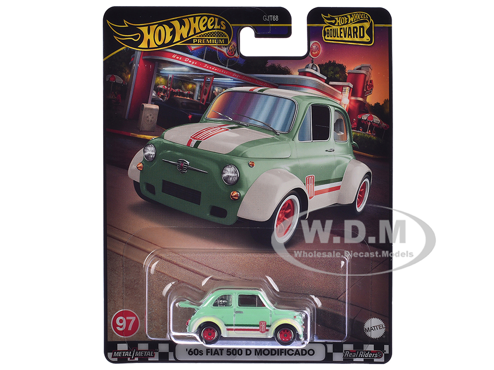 1960s Fiat 500 D Modificado Light Green With Stripes Boulevard Series Diecast Model Car By Hot Wheels