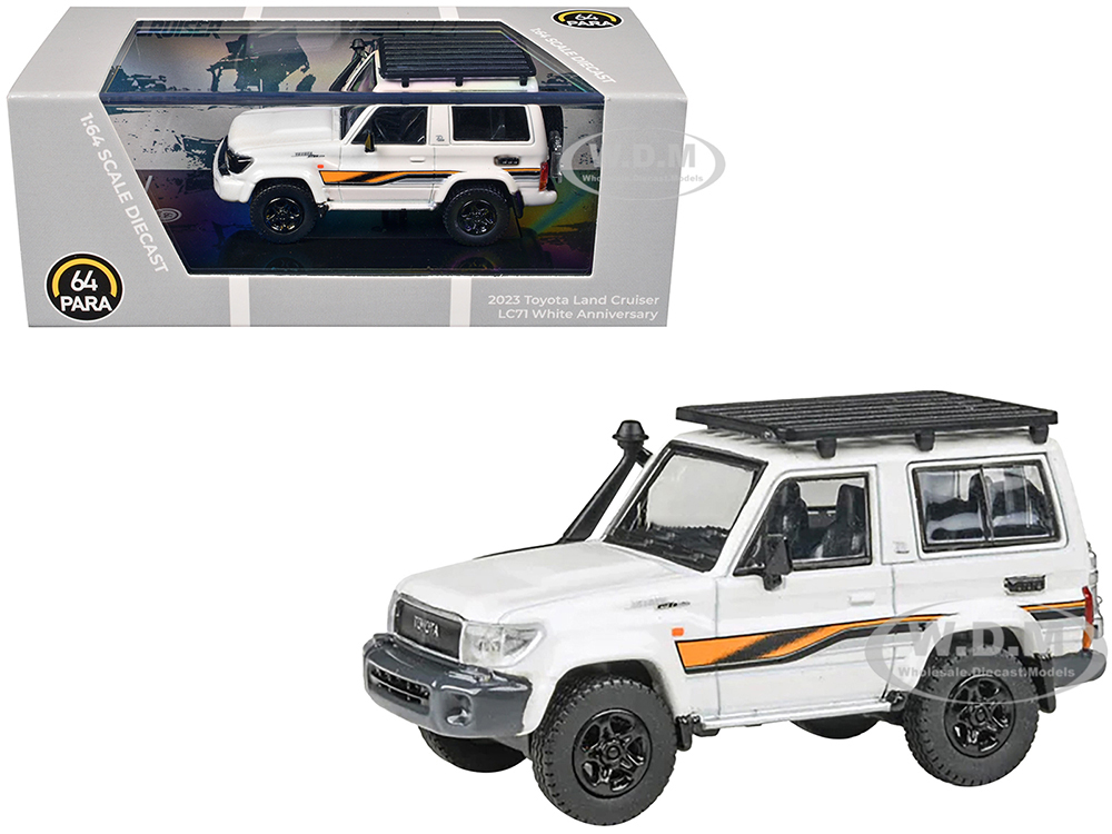 2023 Toyota Land Cruiser 71 White 70th Anniversary with Stripes and Roofrack 1/64 Diecast Model Car by Paragon Models