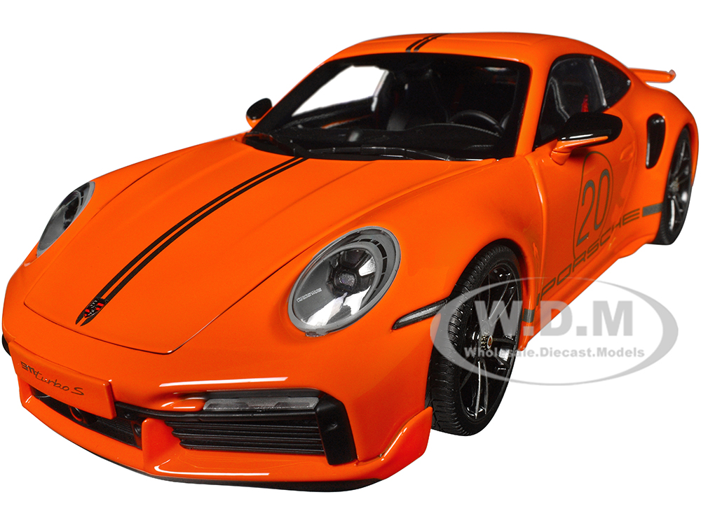 2021 Porsche 911 (992) Turbo S Coupe Sport Design #20 Orange with Silver Stripes CLDC Exclusive Series 1/18 Diecast Model Car by Minichamps