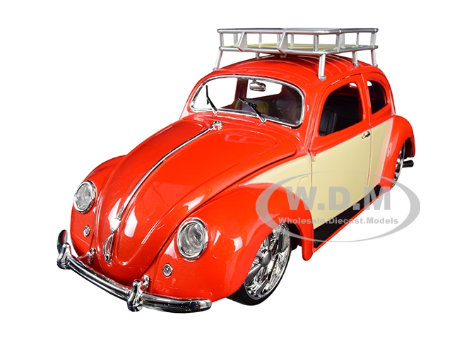 1951 Volkswagen Beetle with Roof Rack Orange Red Classic Muscle 1/18 Diecast Model Car by Maisto