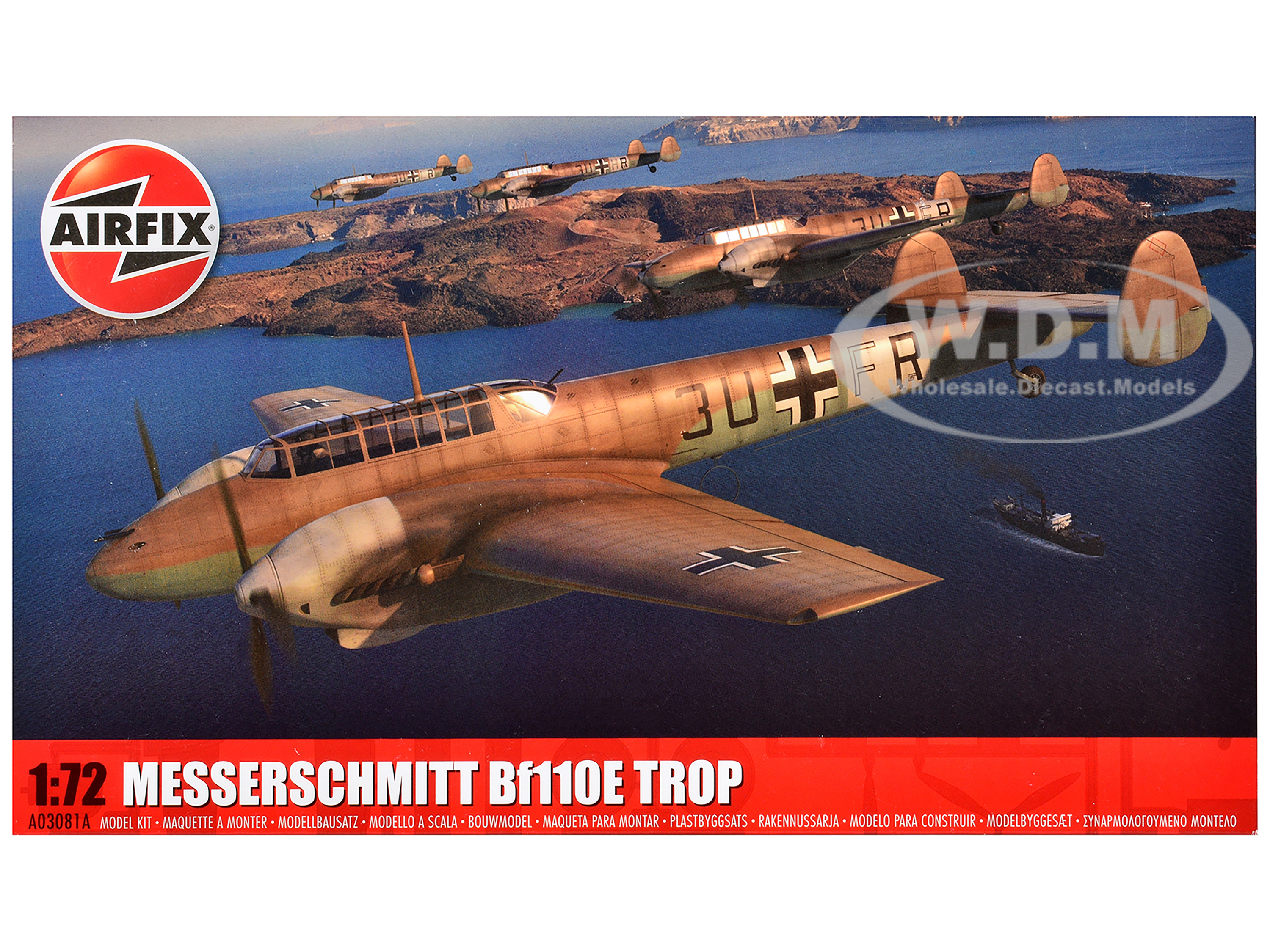 Level 2 Model Kit Messerschmitt Bf110E/E-2 TROP Fighter Aircraft with 2 Scheme Options 1/72 Plastic Model Kit by Airfix