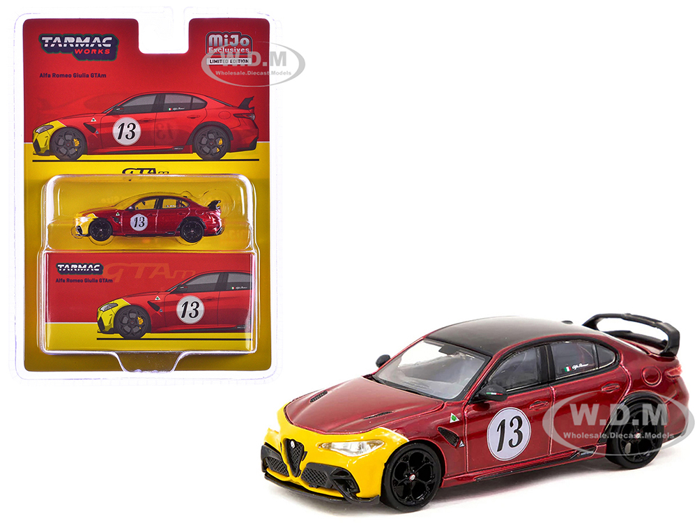 Alfa Romeo Giulia GTAm #13 Red Metallic and Yellow with Black Top Global64 Series 1/64 Diecast Model by Tarmac Works