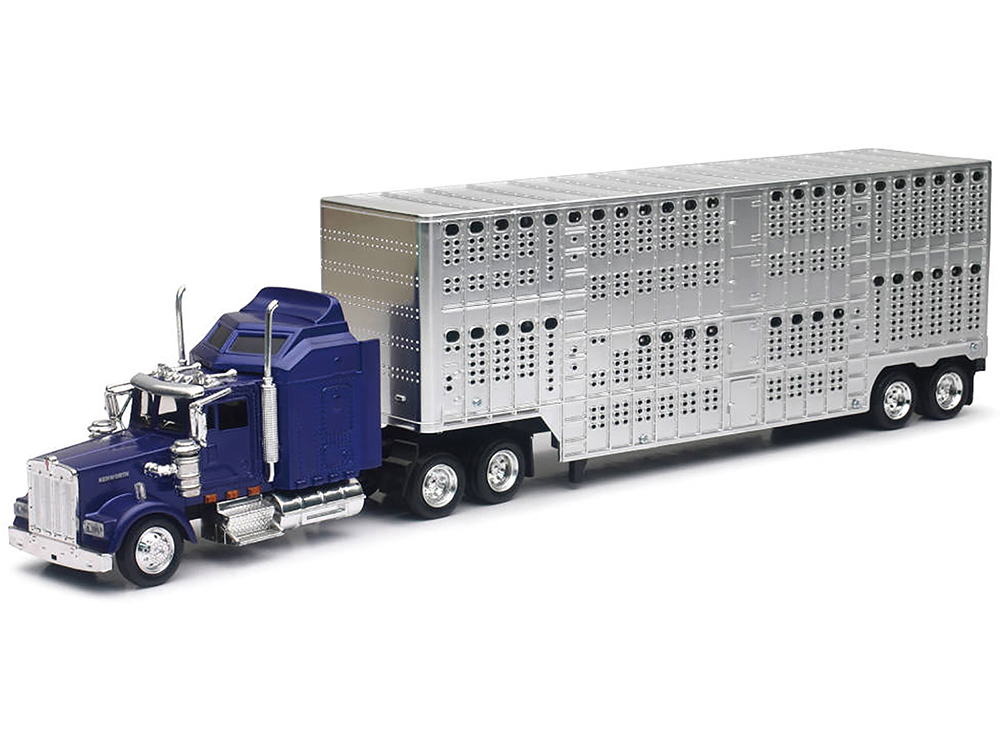 Kenworth W900 Truck Blue with Potbelly Livestock Trailer Chrome "Long Haul Truckers" Series 1/43 Diecast Model by New Ray