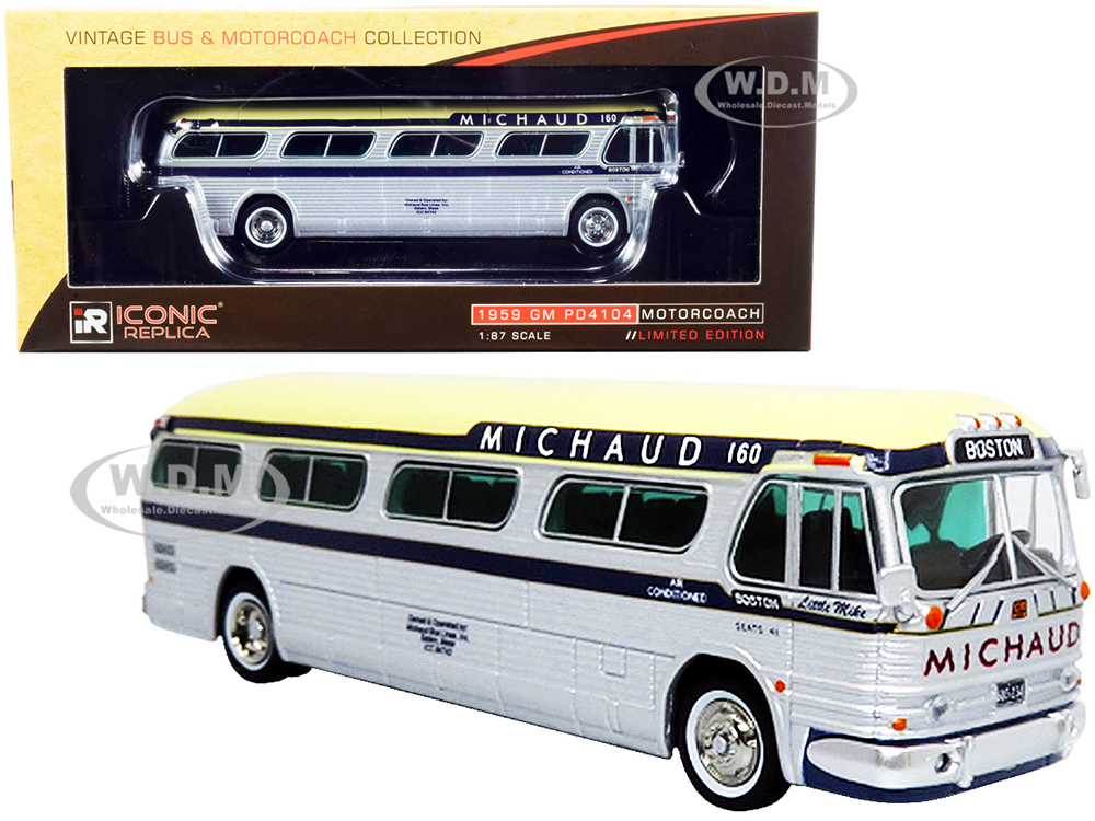 1959 GM PD4104 Motorcoach Bus Boston Michaud Lines Silver and Cream with Dark Blue Stripes Vintage Bus & Motorcoach Collection 1/87 (HO) Diecast Model by Iconic Replicas