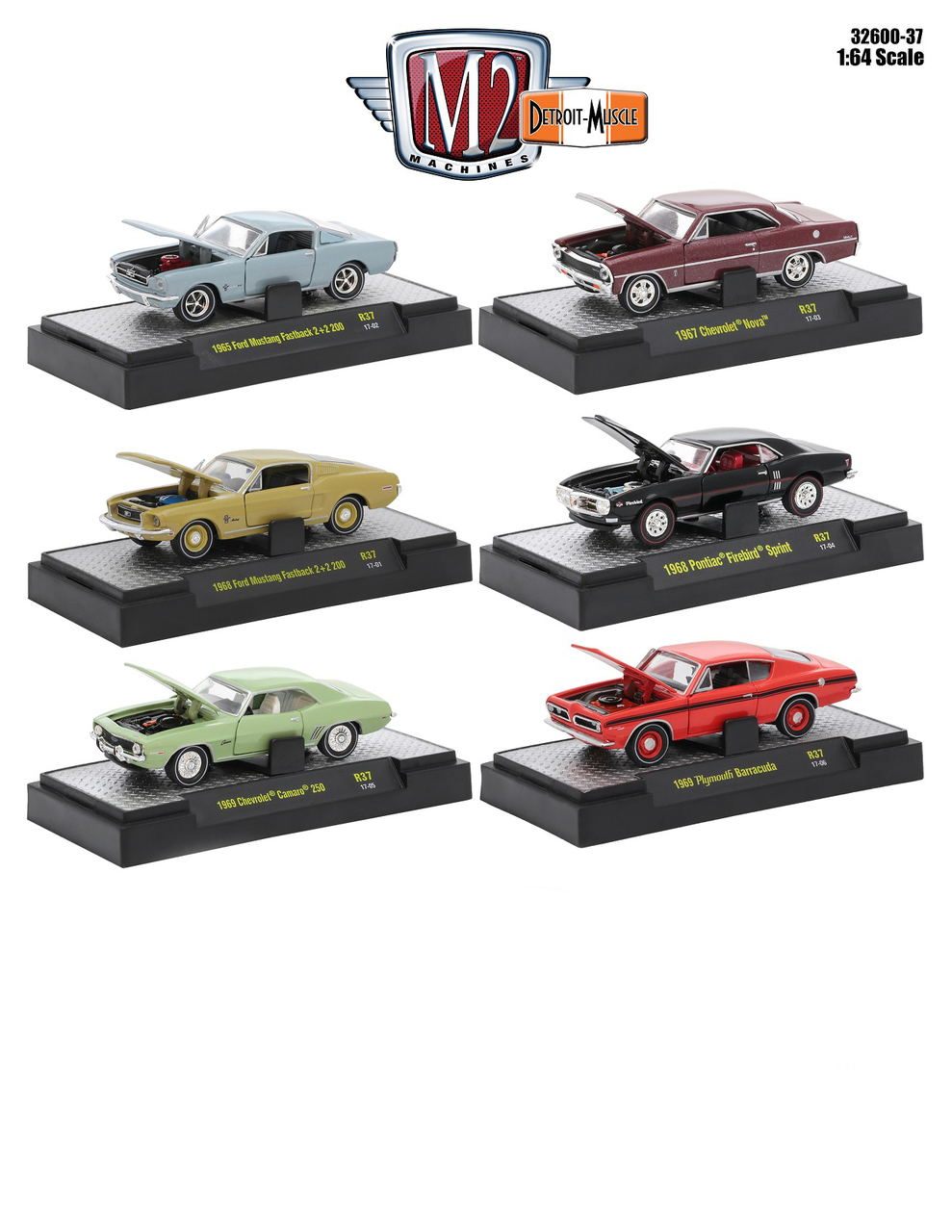 Detroit Muscle 6 Cars Set Release 37 In Display Cases 1/64 Diecast Model Cars By M2 Machines