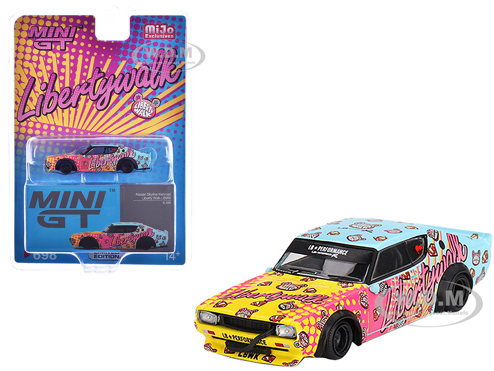 Nissan Skyline Kenmeri Liberty Walk RHD (Right Hand Drive) KUMA Light Blue and Yellow with Graphics Limited Edition 1/64 Diecast Model Car by Mini GT