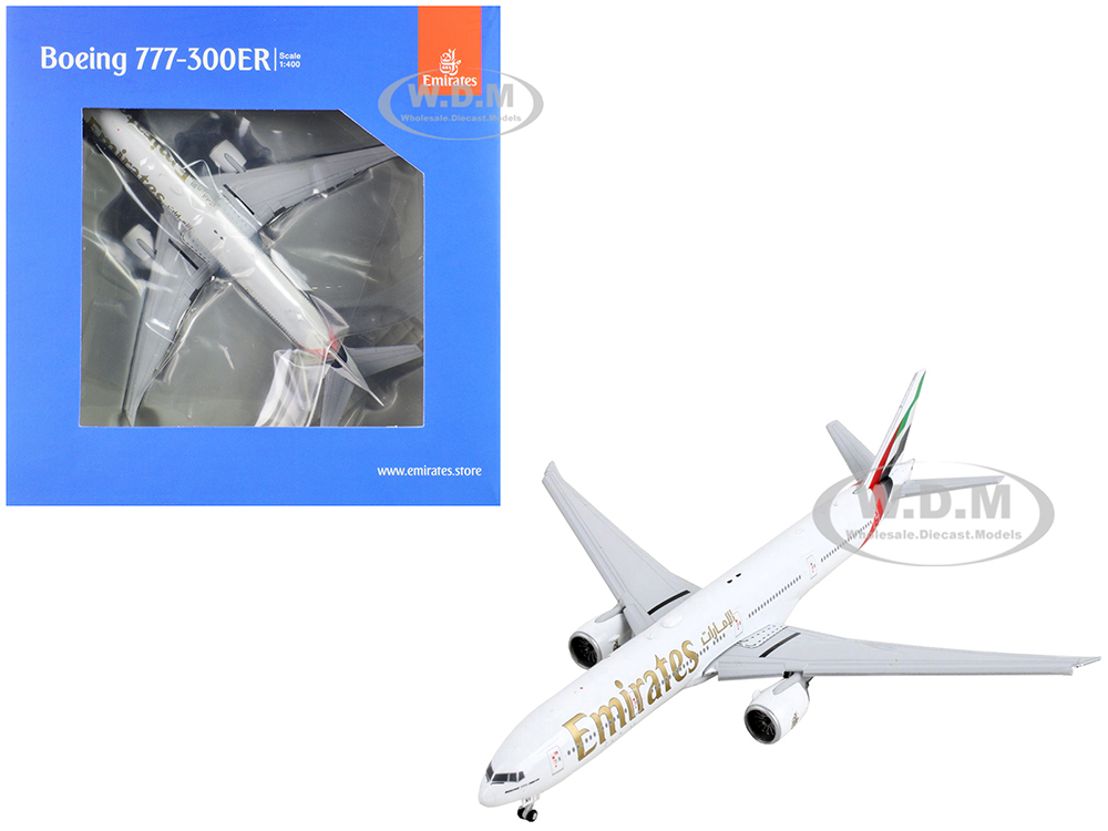 Boeing 777-300ER Commercial Aircraft with Flaps Down Emirates Airlines White with Tail Stripes 1/400 Diecast Model Airplane by GeminiJets