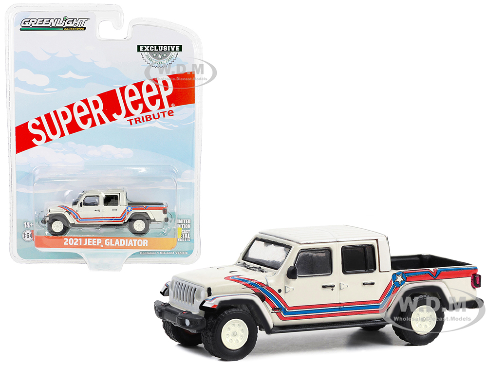 2021 Jeep Gladiator Pickup Truck Super Jeep Tribute White with Red and Blue Stripes Hobby Exclusive Series 1/64 Diecast Model Car by Greenlight