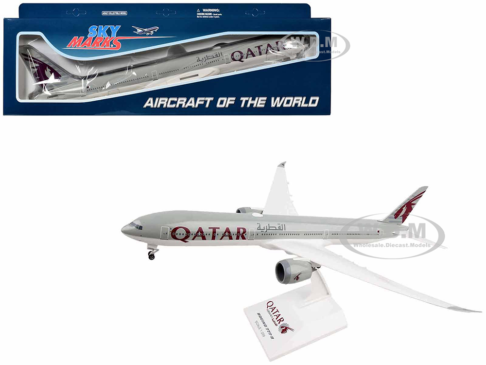 Boeing 777-9 Commercial Aircraft with Landing Gear Qatar Airways Gray with Tail Graphics (Snap-Fit) 1/200 Plastic Model by Skymarks